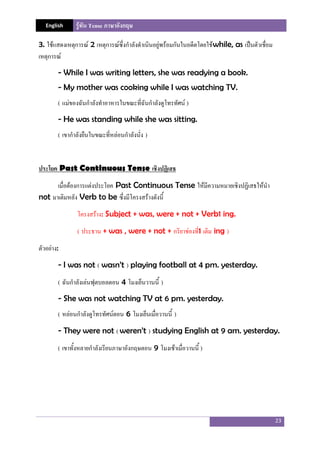 English รู้ทัน Tense ภาษาอังกฤษ
23
3. ใช้แสดงเหตุการณ์ 2 เหตุการณ์ซึ่งกําลังดําเนินอยู่พร้อมกันในอดีตโดยใช้while, as เป็นตัวเชื่อม
เหตุการณ์
- While I was writing letters, she was readying a book.
- My mother was cooking while I was watching TV.
( แม่ของฉันกําลังทําอาหารในขณะที่ฉันกําลังดูโทรทัศน์ )
- He was standing while she was sitting.
( เขากําลังยืนในขณะที่หล่อนกําลังนั่ง )
ประโยค Past Continuous Tense เชิงปฏิเสธ
เมื่อต้องการแต่งประโยค Past Continuous Tense ให้มีความหมายเชิงปฏิเสธให้นํา
not มาเติมหลัง Verb to be ซึ่งมีโครงสร้างดังนี้
โครงสร้าง: Subject + was, were + not + Verb1 ing.
( ประธาน + was , were + not + กริยาช่องที่1 เติม ing )
ตัวอย่าง:
- I was not ( wasn’t ) playing football at 4 pm. yesterday.
( ฉันกําลังเล่นฟุตบอลตอน 4 โมงเย็นวานนี้ )
- She was not watching TV at 6 pm. yesterday.
( หล่อนกําลังดูโทรทัศน์ตอน 6 โมงเย็นเมื่อวานนี้ )
- They were not ( weren’t ) studying English at 9 am. yesterday.
( เขาทั้งหลายกําลังเรียนภาษาอังกฤษตอน 9 โมงเช้าเมื่อวานนี้ )
 