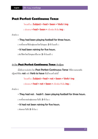 English รู้ทัน Tense ภาษาอังกฤษ
27
Past Perfect Continuous Tense
โครงสร้าง : Subject + had + been + Verb 1 ing
( ประธาน + had + been + กริยาช่อง 1 เติม ing )
ตัวอย่าง :
- They had been playing football for three hours.
( เขาทั้งหลายได้เล่นฟุตบอลโดยไม่หยุดมา 3 ชั่วโมงแล้ว )
- It had been raining for five hours.
( ฝนได้ตกโดยไม่หยุดมาเป็นเวลา 5 ชั่วโมงแล้ว )
ประโยค Past Perfect Continuous Tense เชิงปฏิเสธ
เมื่อต้องการแต่งประโยค Past Perfect Continuous Tense ให้มีความหมายเชิง
ปฏิเสธให้เติม not หลัง Verb to have ซึ่งมีโครงสร้างดังนี้
โครงสร้าง : Subject + had + not + been + Verb 1 ing
( ประธาน + had + not + been + กริยาช่อง 1 เติม ing )
ตัวอย่าง :
- They had not ( hadn’t ) been playing football for three hours.
( เขาทั้งหลายเล่นฟุตบอลมาไม่ถึง 3 ชั่วโมง )
- It had not been raining for five hours.
( ฝนตกมาไม่ถึง 5 ชั่วโมง )
 