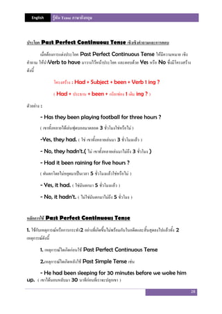 English รู้ทัน Tense ภาษาอังกฤษ
28
ประโยค Past Perfect Continuous Tense เชิงเชิงคาถามและการตอบ
เมื่อต้องการแต่งประโยค Past Perfect Continuous Tense ให้มีความหมาย เชิง
คําถาม ให้นําVerb to have มาวางไว้หน้าประโยค และตอบด้วย Yes หรือ No ซึ่งมีโครงสร้าง
ดังนี้
โครงสร้าง : Had + Subject + been + Verb 1 ing ?
( Had + ประธาน + been + กริยาช่อง 1 เติม ing ? )
ตัวอย่าง :
- Has they been playing football for three hours ?
( เขาทั้งหลายได้เล่นฟุตบอลมาตลอด 3 ชั่วโมงใช่หรือไม่ )
-Yes, they had. ( ใช่ เขาทั้งหลายเล่นมา 3 ชั่วโมงแล้ว )
- No, they hadn’t.( ไม่ เขาทั้งหลายเล่นมาไม่ถึง 3 ชั่วโมง )
- Had it been raining for five hours ?
( ฝนตกโดยไม่หยุดมาเป็นเวลา 5 ชั่วโมงแล้วใช่หรือไม่ )
- Yes, it had. ( ใช่มันตกมา 5 ชั่วโมงแล้ว )
- No, it hadn’t. ( ไม่ใช่มันตกมาไม่ถึง 5 ชั่วโมง )
หลักการใช้ Past Perfect Continuous Tense
1. ใช้กับเหตุการณ์หรือการกระทํา2 อย่างที่เกิดขึ้นไม่พร้อมกันในอดีตและสิ้นสุดลงไปแล้วทั้ง 2
เหตุการณ์ดังนี้
1. เหตุการณ์ใดเกิดก่อนใช้ Past Perfect Continuous Tense
2.เหตุการณ์ใดเกิดหลังใช้ Past Simple Tense เช่น
- He had been sleeping for 30 minutes before we woke him
up. ( เขาได้นอนหลับมา 30 นาทีก่อนที่เราจะปลุกเขา )
 