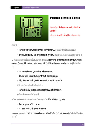 English รู้ทัน Tense ภาษาอังกฤษ
29
Future Simple Tense
โครงสร้าง : Subject + will, shall +
verb 1
(ประธาน + will , shall + กริยาช่อง 1 )
ตัวอย่าง :
- I shall go to Chiangmai tomorrow. ( ฉันจะไปเชียงใหม่วันพรุ่งนี้ )
- She will study Spanish next week. (หล่อนจะเรียนภาษาสเปนสัปดาห์หน้า )
1. ใช้แสดงเหตุการณ์ซึ่งจะเกิดขึ้นในอนาคต ปกติจะมี adverb of time; tomorrow ,next
week ( month, year, Monday etc.) this afternoon etc. ขยายอยู่ในประโยค
ด้วย
- I’ll telephone you this afternoon.
- They will sign the contract tomorrow.
- My father will go to America next month.
( พ่อของฉันจะไปอเมริกาเดือนหน้า )
- I shall play football tomorrow afternoon.
( ฉันจะเล่นฟุตบอลบ่ายวันพรุ่งนี้ )
ใช้ในการแสดงความสงสัยหรือในประโยคเงื่อนไขใน Condition type 1
- Perhaps she’ll come.
- If I see her ,I’ll give a book.
หมายเหตุ สามารถใช้ to be going to แทน shall ได้ใน future simple โดมีข้อเปรียบเทียบ
ได้ดังนี้
 