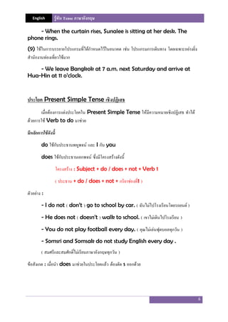 English รู้ทัน Tense ภาษาอังกฤษ
6
- When the curtain rises, Sunalee is sitting at her desk. The
phone rings.
(9) ใช้ในการบรรยายโปรแกรมที่ได้กําหนดไว้ในอนาคต เช่น โปรแกรมการเดินทาง โดยเฉพาะอย่างยิ่ง
สํานักงานท่องเที่ยวใช้มาก
- We leave Bangkok at 7 a.m. next Saturday and arrive at
Hua-Hin at 11 o’clock.
ประโยค Present Simple Tense เชิงปฏิเสธ
เมื่อต้องการแต่งประโยคใน Present Simple Tense ให้มีความหมายเชิงปฏิเสธ ทําได้
ด้วยการใช้ Verb to do มาช่วย
มีหลักการใช้ดังนี้
do ใช้กับประธานพหูพจน์ และ I กับ you
does ใช้กับประธานเอกพจน์ ซึ่งมีโครงสร้างดังนี้
โครงสร้าง : Subject + do / does + not + Verb 1
( ประธาน + do / does + not + กริยาช่องที่1 )
ตัวอย่าง :
- I do not ( don’t ) go to school by car. ( ฉันไม่ไปโรงเรียนโดยรถยนต์ )
- He does not ( doesn’t ) walk to school. ( เขาไม่เดินไปโรงเรียน )
- You do not play football every day. ( คุณไม่เล่นฟุตบอลทุกวัน )
- Somsri and Somsak do not study English every day .
( สมศรีและสมศักดิ์ไม่เรียนภาษาอังกฤษทุกวัน )
ข้อสังเกต : เมื่อนํา does มาช่วยในประโยคแล้ว ต้องตัด s ออกด้วย
 