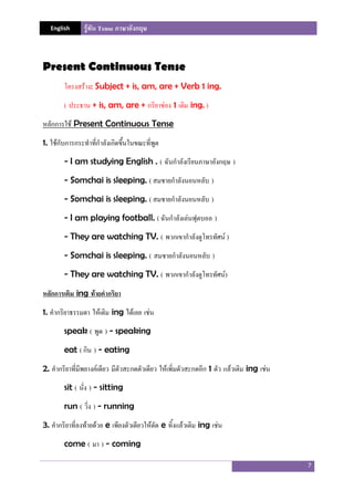 English รู้ทัน Tense ภาษาอังกฤษ
7
Present Continuous Tense
โครงสร้าง: Subject + is, am, are + Verb 1 ing.
( ประธาน + is, am, are + กริยาช่อง 1 เติม ing. )
หลักการใช้ Present Continuous Tense
1. ใช้กับการกระทําที่กําลังเกิดขึ้นในขณะที่พูด
- I am studying English . ( ฉันกําลังเรียนภาษาอังกฤษ )
- Somchai is sleeping. ( สมชายกําลังนอนหลับ )
- Somchai is sleeping. ( สมชายกําลังนอนหลับ )
- I am playing football. ( ฉันกําลังเล่นฟุตบอล )
- They are watching TV. ( พวกเขากําลังดูโทรทัศน์ )
- Somchai is sleeping. ( สมชายกําลังนอนหลับ )
- They are watching TV. ( พวกเขากําลังดูโทรทัศน์)
หลักการเติม ing ท้ายคากริยา
1. คํากริยาธรรมดา ให้เติม ing ได้เลย เช่น
speak ( พูด ) - speaking
eat ( กิน ) - eating
2. คํากริยาที่มีพยางค์เดียว มีตัวสะกดตัวเดียว ให้เพิ่มตัวสะกดอีก 1 ตัว แล้วเติม ing เช่น
sit ( นั่ง ) - sitting
run ( วิ่ง ) - running
3. คํากริยาที่ลงท้ายด้วย e เพียงตัวเดียวให้ตัด e ทิ้งแล้วเติม ing เช่น
come ( มา ) - coming
 