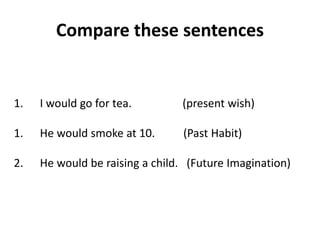 Compare these sentences
1. I would go for tea. (present wish)
1. He would smoke at 10. (Past Habit)
2. He would be raising a child. (Future Imagination)
 