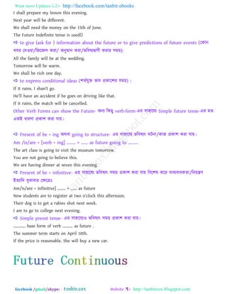 Want more Updates  http://facebook.com/tanbir.ebooks
facebook /gmail/skype: - http://tanbircox.blogspot.com
I shall prepare my lesson this evening.
Next year will be different.
We shall need the money on the 15th of June.
 to give (ask for ) information about the future or to give predictions of future events (তকান
খ্ফয তদওয়া/রজরে঳ কযা/ া঄নুভান কযা/বরফলযদ্বাণী কযায ঳ভয়):
All the family will be at the wedding.
Tomorrow will be warm.
We shall be rich one day.
 to express conditional ideas (঱েতমুি বাফ প্রকার঱য ঳ভয়) :
If it rains. I shan‖t go.
He‖ll have an accident if he goes on driving like that.
If it rains, the match will be cancelled.
Other Verb Forms can show the Future- া঄নয রকছু verb-form-এয ঳া঴ারময Simple future tense-এয ভে
একাআ ধাযণা প্রকা঱ কযা মায়।
 Present of be + ing া঄থফা going to structure- এয ঳া঴ারময বরফলযৎ ঘিনা/কাজ প্রকা঱ কযা মায়।
Am /is/are + [verb + ing] ........ > ...... as future going to .........
The art class is going to visit the museum tomorrow.
You are not going to believe this.
We are having dinner at seven this evening.
 Present of be + infinitive- এয ঳া঴ারময বরফলযৎ ঳ভয় প্রকা঱ কযা মায় রফর঱ল করয ফাধযফাধকো/রনয়ন্ত্রণ
াআেযারদ ফুঝাফায তক্ষরত্রাঃ
Am/is/are + infinitive] ........ > ...... as future
New students are to register at two o‖clock this afternoon.
Their dog is to get a rabies shot next week.
I am to go to college next evening.
 Simple presnt tense- এয ঳া঴ারমযও বরফলযৎ ঳ভয় প্রকা঱ কযা মায়।
............ base form of verb .......... as future .
The summer term starts on April 10th.
If the price is reasonable. She will buy a new car.
 