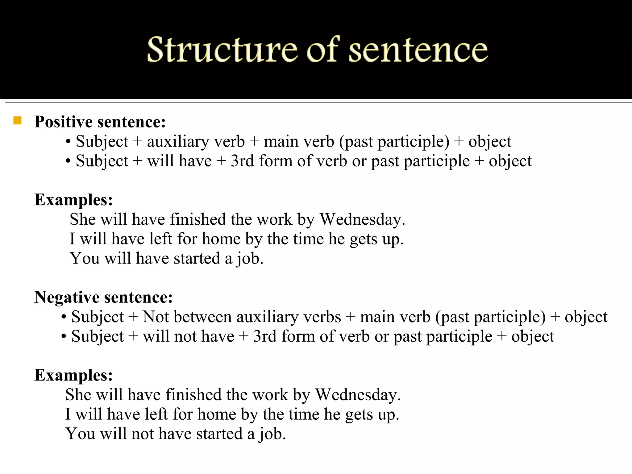  Positive sentence:
       • Subject + auxiliary verb + main verb (past participle) + object
       • Subject + will have + 3rd form of verb or past participle + object
Examples:
        She will have finished the work by Wednesday.
        I will have left for home by the time he gets up.
        You will have started a job.
Negative sentence:
      • Subject + Not between auxiliary verbs + main verb (past participle) + object
      • Subject + will not have + 3rd form of verb or past participle + object
Examples:
       She will have finished the work by Wednesday.
       I will have left for home by the time he gets up.
       You will not have started a job.
 