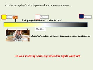 Another example of a simple past used with a past continuous….
Past Present Future
Timeline
A single point of time … simple past
A period / extent of time / duration … past continuous
He was studying seriously when the lights went off.
 