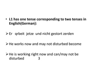 • L1 has one tense corresponding to two tenses in
  English(German):

 Er qrbeit jetze und nicht gestort zerden

 He works now and may not disturbed become

 He is working right now and can/may not be
  disturbed          3
 
