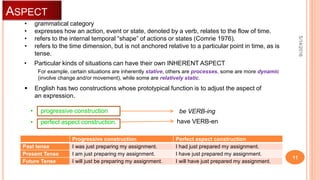 ASPECT
5/14/2016
11
• grammatical category
• expresses how an action, event or state, denoted by a verb, relates to the flow of time.
• refers to the internal temporal “shape” of actions or states (Comrie 1976).
• refers to the time dimension, but is not anchored relative to a particular point in time, as is
tense.
For example, certain situations are inherently stative, others are processes, some are more dynamic
(involve change and/or movement), while some are relatively static.
 English has two constructions whose prototypical function is to adjust the aspect of
an expression.
• progressive construction
• perfect aspect construction.
Progressive construction Perfect aspect construction
Past tense I was just preparing my assignment. I had just prepared my assignment.
Present Tense I am just preparing my assignment. I have just prepared my assignment.
Future Tense I will just be preparing my assignment. I will have just prepared my assignment.
be VERB-ing
have VERB-en
• Particular kinds of situations can have their own INHERENT ASPECT
 