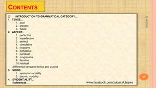 CONTENTS
5/14/2016
2
 INTRODUCTION TO GRAMMATICAL CATEGORY…
1. TENSE…
1. past
2. present
3. future
2. ASPECT..
1. perfective
2. imperfective
3. perfect
4. completive
5. inceptive
6. inchoative
7. punctual
8. progressive
9. iterative
10.habitual
difference between tense and aspect
3. MOOD
1. epistemic modality
2. deontic modality
4. EVIDENTIALITY...
References … www.facebook.com/zubair.A.bajwa
 