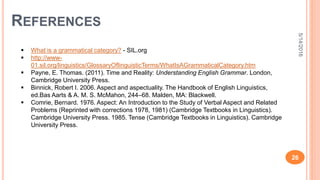REFERENCES
5/14/2016
26
 What is a grammatical category? - SIL.org
 http://www-
01.sil.org/linguistics/GlossaryOflinguisticTerms/WhatIsAGrammaticalCategory.htm
 Payne, E. Thomas. (2011). Time and Reality: Understanding English Grammar. London,
Cambridge University Press.
 Binnick, Robert I. 2006. Aspect and aspectuality. The Handbook of English Linguistics,
ed.Bas Aarts & A. M. S. McMahon, 244–68. Malden, MA: Blackwell.
 Comrie, Bernard. 1976. Aspect: An Introduction to the Study of Verbal Aspect and Related
Problems (Reprinted with corrections 1978, 1981) (Cambridge Textbooks in Linguistics).
Cambridge University Press. 1985. Tense (Cambridge Textbooks in Linguistics). Cambridge
University Press.
 