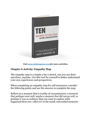 Visit www.nickwagnesr.com for more activities.
Chapter 6 Activity: Empathy Map
The empathy map is a simple 2-by-2 sketch, one you can draw
anywhere, anytime. Use this tool for yourself to better understand
your own experiences and perspectives.
When completing an empathy map for self-awareness, consider
the following points and use the answers to complete the map:
Reflect on a moment that is worthy of reexamination: a moment
that perhaps went well, maybe a moment that did not go well, or
perhaps it was so ordinary that you want to explore what
happened there too—often it’s in the small, uneventful moments
 