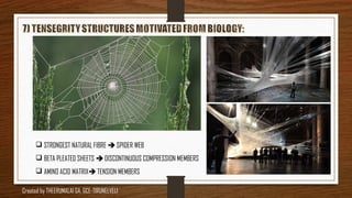  STRONGEST NATURAL FIBRE  SPIDER WEB
 BETA PLEATED SHEETS  DISCONTINUOUS COMPRESSION MEMBERS
 AMINO ACID MATRIX TENSION MEMBERS
Created by THEERUMALAI GA, GCE-TIRUNELVELI
 