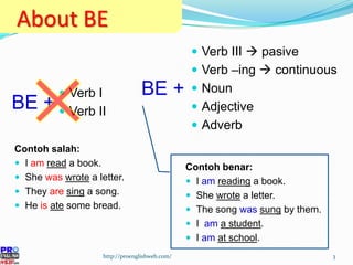 About BE Verb I Verb II http://proenglishweb.com/ Verb III    pasive Verb –ing    continuous Noun Adjective Adverb BE + BE + Contoh salah: I  am   read  a book. She  was   wrote  a letter. They  are   sing  a song. He  is   ate  some bread. Contoh benar: I  am   reading  a book. She  wrote  a letter. The song  was   sung  by them. I  am   a student . I  am   at school . 