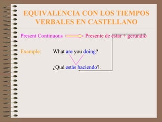 EQUIVALENCIA CON LOS TIEMPOS VERBALES EN CASTELLANO Present Continuous    Presente de estar + gerundio Example: What  are  you  doing ? ¿Qué  estás haciendo ?. 