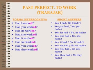 PAST PERFECT. TO WORK (TRABAJAR) FORMA INTERROGATIVA Had I work ed ? Had you work ed ? Had he work ed ? Had she work ed ? Had it work ed ? Had we work ed ? Had you work ed ? Had they work ed ? SHORT ANSWERS Yes, I had/ No I hadn’t Yes you had / No, you hadn’t Yes, he had / No, he hadn’t Yes, she had / No, she hadn’t Yes, it had / No, it hadn’t Yes, we had / No we hadn’t Yes, you had / No you hand’t Yes, they had / No they hadn’t 
