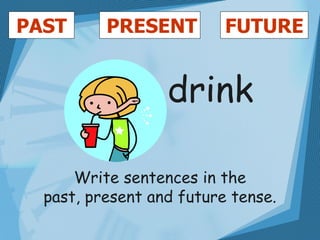 PAST      PRESENT         FUTURE


                  drink

      Write sentences in the
  past, present and future tense.
 