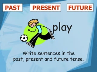 PAST      PRESENT         FUTURE


                   play

      Write sentences in the
  past, present and future tense.
 