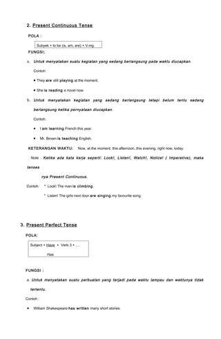 2. Present Continuous Tense

   POLA :

           Subyek + to be (is, am, are) + V-ing
   FUNGSI;

  a. Untuk menyatakan suatu kegiatan yang sedang berlangsung pada waktu diucapkan .

       Contoh:

       • They are still playing at the moment.

       • She is reading a novel now.

  b. Untuk menyatakan kegiatan yang sedang berlangsung tetapi belum tentu sedang

       berlangsung ketika pernyataan diucapkan .

       Contoh:

       •     I am learning French this year.

       •     Mr. Brown is teaching English.

   KETERANGAN WAKTU:                 Now, at the moment, this afternoon, this evening, right now, today.

      Note : Ketika ada kata kerja seperti: Look!, Listen!, Watch!, Notice! ( Imperative), maka

  tenses

             nya Present Continuous .

  Contoh:      * Look! The man is climbing .

               * Listen! The girls next door are singing my favourite song.




3. Present Perfect Tense

  POLA:

      Subject + Have + Verb 3 + ….

                  Has



  FUNGSI :

  a. Untuk menyatakan suatu perbuatan yang terjadi pada waktu lampau dan waktunya tidak

      tertentu.

  Contoh :

  •    William Shakespeare has written many short stories.
 