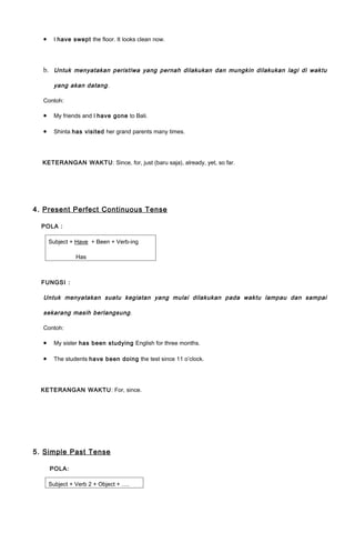 •    I have swept the floor. It looks clean now.




  b. Untuk menyatakan peristiwa yang pernah dilakukan dan mungkin dilakukan lagi di waktu

       yang akan datang.

  Contoh:

  •    My friends and I have gone to Bali.

  •    Shinta has visited her grand parents many times.




  KETERANGAN WAKTU: Since, for, just (baru saja), already, yet, so far.




4. Present Perfect Continuous Tense

  POLA :

      Subject + Have + Been + Verb-ing

                Has



  FUNGSI :

  Untuk menyatakan suatu kegiatan yang mulai dilakukan pada waktu lampau dan sampai

  sekarang masih berlangsung .

  Contoh:

  •    My sister has been studying English for three months.

  •    The students have been doing the test since 11 o’clock.




  KETERANGAN WAKTU : For, since.




5. Simple Past Tense

      POLA:

      Subject + Verb 2 + Object + ….
 