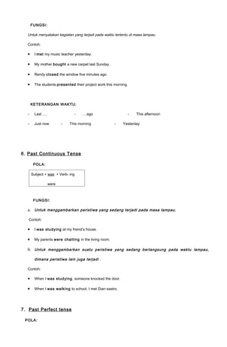 FUNGSI:

  Untuk menyatakan kegiatan yang terjadi pada waktu tertentu di masa lampau.

  Contoh:

  •    I met my music teacher yesterday.

  •    My mother bought a new carpet last Sunday.

  •    Rendy closed the window five minutes ago.

  •    The students presented their project work this morning.




      KETERANGAN WAKTU:

  -    Last ….                -    …ago                          -   This afternoon

  -    Just now         -   This morning              -    Yesterday




6. Past Continuous Tense

       POLA:

      Subject + was + Verb- ing

                 were



       FUNGSI:

  a. Untuk menggambarkan peristiwa yang sedang terjadi pada masa lampau.

   Contoh:

  •    I was studying at my friend’s house.

  •    My parents were chatting in the living room.

  b. Untuk menggambarkan suatu peristiwa yang sedang berlangsung pada waktu lampau,

       dimana peristiwa lain juga terjadi .

  Contoh:

  •    When I was studying , someone knocked the door.

  •    When I was walking to school, I met Dian sastro.




7. Past Perfect tense

 POLA:
 