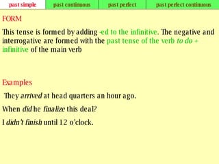 past simple past continuous past perfect past perfect continuous FORM This tense is formed by adding   -ed to the infinitive .  The negative and interrogative are formed with the   past tense of the verb  to do   +  infinitive   of the main verb   Examples   They  arrived  at head quarters an hour ago. When  did  he  finalize  this deal? I  didn’t finish  until 12 o’clock.   