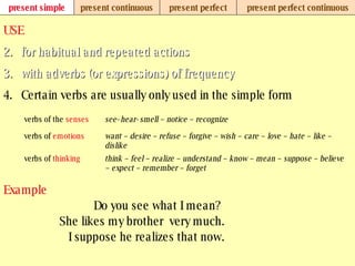 present simple present continuous present perfect present perfect continuous USE for habitual and repeated actions with adverbs (or expressions) of frequency Certain verbs are usually only used in the simple form   Example Do you see what I mean?  She likes my brother  very much. I suppose he realizes that now. think – feel – realize – understand – know – mean – suppose – believe – expect – remember – forget   verbs of  thinking want – desire – refuse – forgive – wish – care – love – hate – like – dislike verbs of  emotions see- hear- smell – notice – recognize verbs of the  senses 