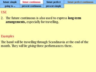 future simple future continuous future perfect future perfect continuous USE The future continuous is also used to express  long-term arrangements,  especially for travelling. Examples The band  will be travelling  through Scandinavia at the end of the month. They  will be giving  three performances there. going to ... present continuous present simple 