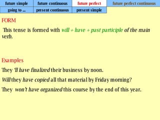 future simple future continuous future perfect future perfect continuous FORM   This tense is formed with  will + have + past participle  of the main verb. Examples They  ‘ll have finalized  their business by noon. Will  they  have copied  all that material by Friday morning? They  won’t have organized  this course by the end of this year.   going to ... present continuous present simple 
