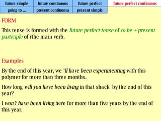 future simple future continuous future perfect future perfect continuous FORM This tense is formed with the  future perfect tense  of  to be + present participle   of rthe main verb. Examples By the end of this year, we ‘ ll have been experimenting  with this polymer for more than three months. How long  will you have been living  in that shack  by the end of this year? I  won’t have been living  here for more than five years by the end of this year. going to ... present continuous present simple 