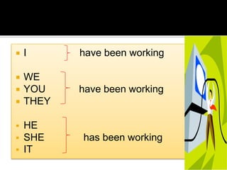    I      have been working

   WE
   YOU    have been working
   THEY

   HE
   SHE    has been working
   IT
 