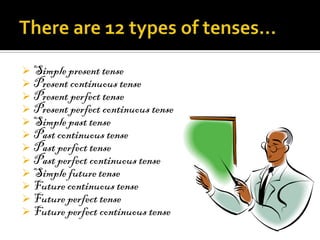  Simple present tense
 Present continuous tense
 Present perfect tense
 Present perfect continuous tense
 Simple past tense
 Past continuous tense
 Past perfect tense
 Past perfect continuous tense
 Simple future tense
 Future continuous tense
 Future perfect tense
 Future perfect continuous tense
 
