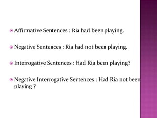  Affirmative Sentences : Ria had been playing.
 Negative Sentences : Ria had not been playing.
 Interrogative Sentences : Had Ria been playing?
 Negative Interrogative Sentences : Had Ria not been
playing ?
 