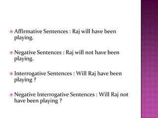  Affirmative Sentences : Raj will have been
playing.
 Negative Sentences : Raj will not have been
playing.
 Interrogative Sentences : Will Raj have been
playing ?
 Negative Interrogative Sentences : Will Raj not
have been playing ?
 