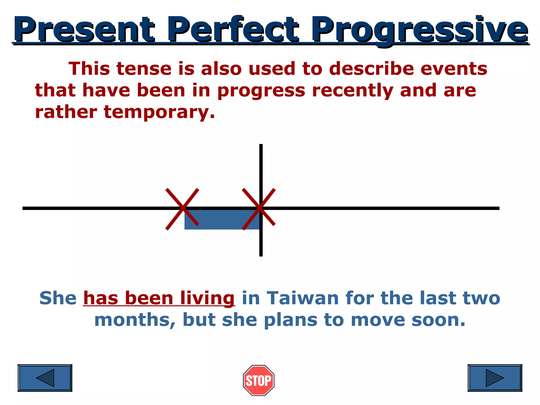 Present Perfect ProgressivePresent Perfect Progressive
This tense is also used to describe events
that have been in progress recently and are
rather temporary.
She has been living in Taiwan for the last two
months, but she plans to move soon.
 