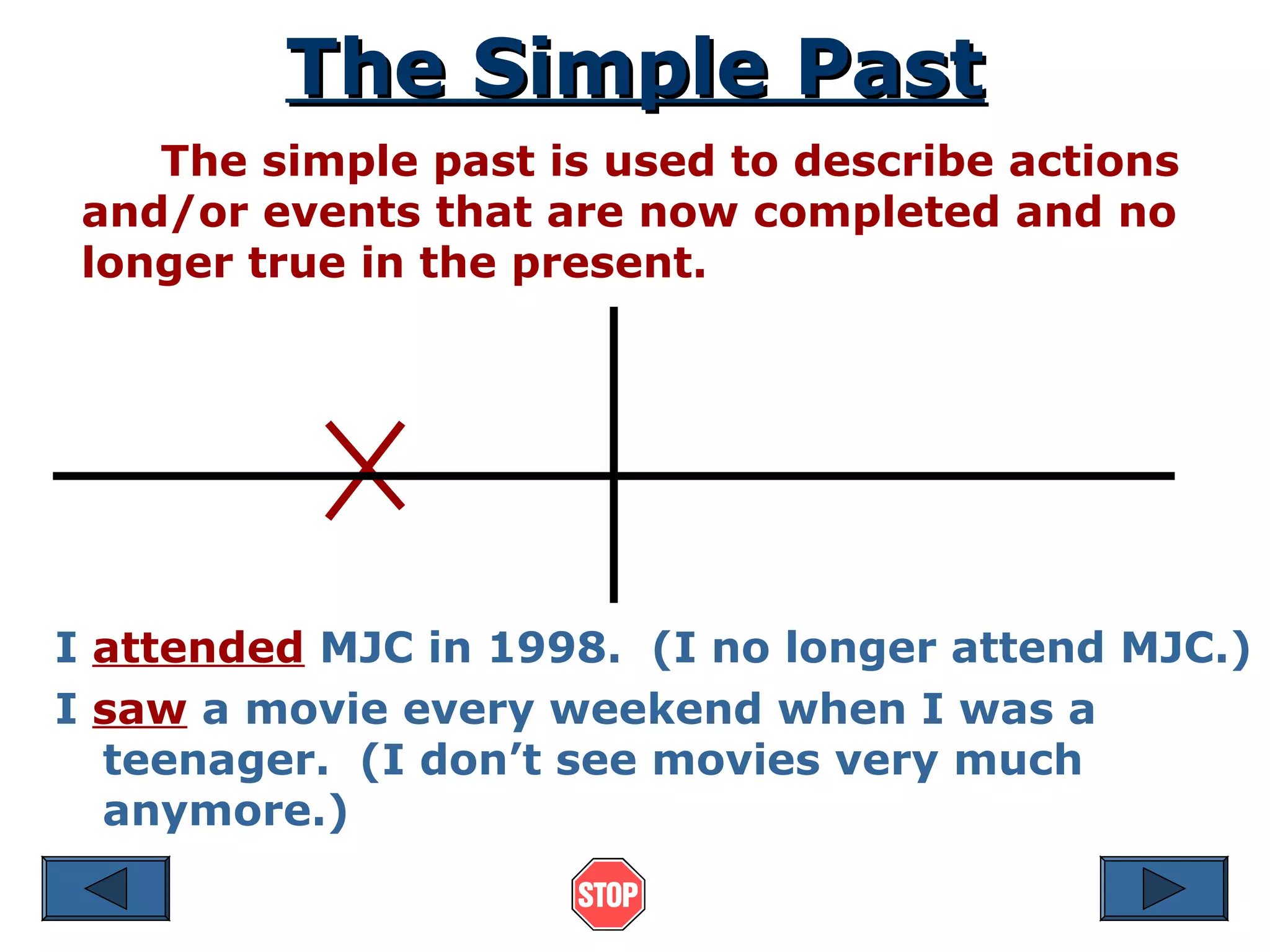 The Simple PastThe Simple Past
The simple past is used to describe actions
and/or events that are now completed and no
longer true in the present.
I attended MJC in 1998. (I no longer attend MJC.)
I saw a movie every weekend when I was a
teenager. (I don&rsquo;t see movies very much
anymore.)
 