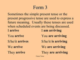 Form 3
Sometimes the simple present tense or the
present progressive tense are used to express a
future meaning. Usually these tenses are used
when scheduled events are being discussed.
I arrive
I am arriving
You arrive

You are arriving

S/he/it arrives

S/he/it is arriving

We arrive

We are arriving

They arrive

They are arriving
Future Tense

 