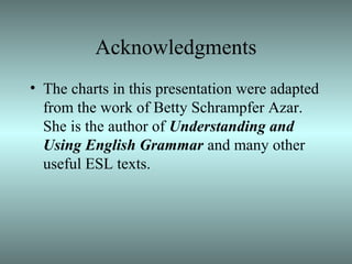 Acknowledgments
• The charts in this presentation were adapted
from the work of Betty Schrampfer Azar.
She is the author of Understanding and
Using English Grammar and many other
useful ESL texts.

 