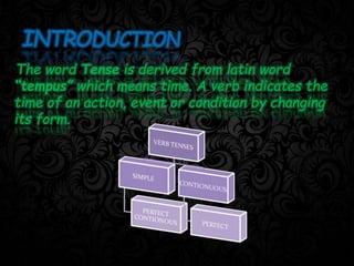 The word Tense is derived from latin word
“tempus” which means time. A verb indicates the
time of an action, event or condition by changing
its form.
 