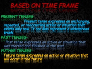 PRESENT TENSES-
Present tense expresses an unchanging,
repeated, or reoccurring action or situation that
exists only now. It can also represent a widespread
truth.
PAST TENSES-
Past tense expresses an action or situation that
was started and finished in the past.
FUTHER TENSES-
Future tense expresses an action or situation that
will occur in the future.
BASED ON TIME FRAME
 