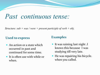 Past continuous tense: 
Structure: sub + was / were + present participle of verb + obj. 
Used to express Examples 
 An action or a state which 
occurred in past and 
continued for some time. 
 It is often use with while or 
when. 
 It was raining last night .I 
knows this because I was 
studying till very late. 
 He was repairing his bicycle. 
when you called. 
 