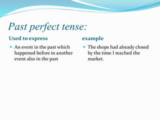 Past perfect tense: 
Used to express example 
 An event in the past which 
happened before in another 
event also in the past 
 The shops had already closed 
by the time I reached the 
market. 
 