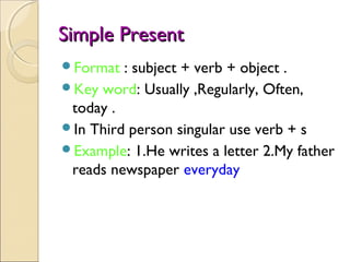 Simple PresentSimple Present
Format : subject + verb + object .
Key word: Usually ,Regularly, Often,
today .
In Third p...