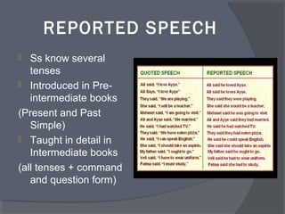 REPORTED SPEECH
Ss know several
tenses
Introduced in Pre-
intermediate books
(Present and Past
Simple)
Taught in detail in
Intermediate books
(all tenses + command
and question form)