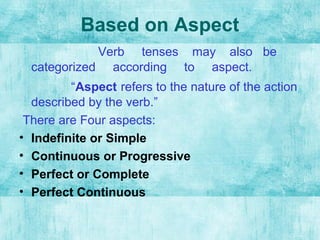 Based on Aspect
Verb tenses may also be
categorized according to aspect.
“Aspect refers to the nature of the action
descri...