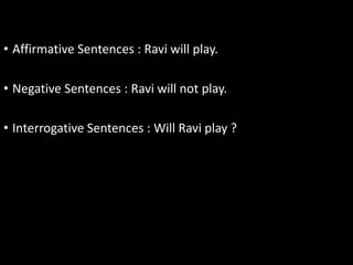 • Affirmative Sentences : Ravi will play.
• Negative Sentences : Ravi will not play.
• Interrogative Sentences : Will Ravi play ?
 