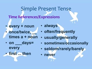 Simple Present Tense
• every + noun
• once/twice, __
times a + noun
• on ___days=
every
• first ... then
• always
• often/frequently
• usually/generally
• sometimes/occasionally
• seldom/rarely/barely
• never
Time References/Expressions
 