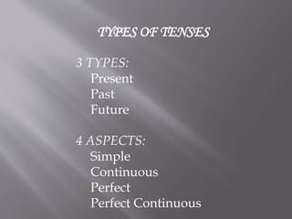 TYPES OF TENSES
3 TYPES:
Present
Past
Future
4 ASPECTS:
Simple
Continuous
Perfect
Perfect Continuous
 