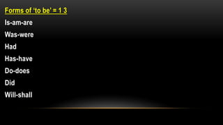 Forms of ‘to be’ = 1 3
Is-am-are
Was-were
Had
Has-have
Do-does
Did
Will-shall
 