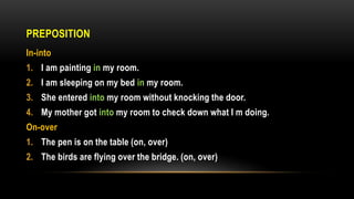 PREPOSITION
In-into
1. I am painting in my room.
2. I am sleeping on my bed in my room.
3. She entered into my room without knocking the door.
4. My mother got into my room to check down what I m doing.
On-over
1. The pen is on the table (on, over)
2. The birds are flying over the bridge. (on, over)
 