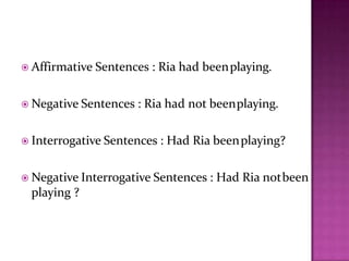  Affirmative Sentences : Ria had beenplaying.
 Negative Sentences : Ria had not beenplaying.
 Interrogative Sentences : Had Ria beenplaying?
 Negative Interrogative Sentences : Had Ria notbeen
playing ?
 